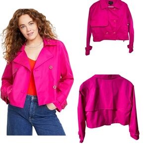 Haute Monde Hot Pink Cropped Double Breasted Jacket. Trench Style, Boxy fit MED